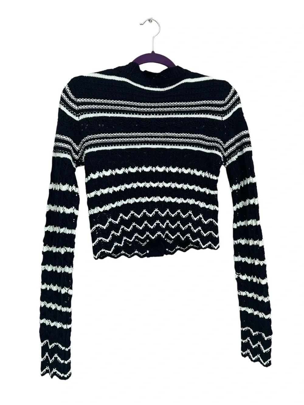 House of Harlow 1960 Striped Knit Cropped Cardigan Navy White XS